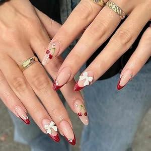 24Pcs Wine Red Almond French Tip Press on Nails Medium Bow Tie Cherry Fake Nails French Pearl False Nails Full Cover Acrylic Nails Artificial Coffin Nails DIY Stick on Nails Set Glue on Nail for Women
