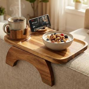 Couch Armrest Table, Acacia Wood Sofa Arm Tray with 360 Rotating Phone & Cup Holder, Clip-On Arm Rest Table for Couch, Anti-Slip Armrest Tray for Snacks & Drinks, 15.4" x 9.8"
