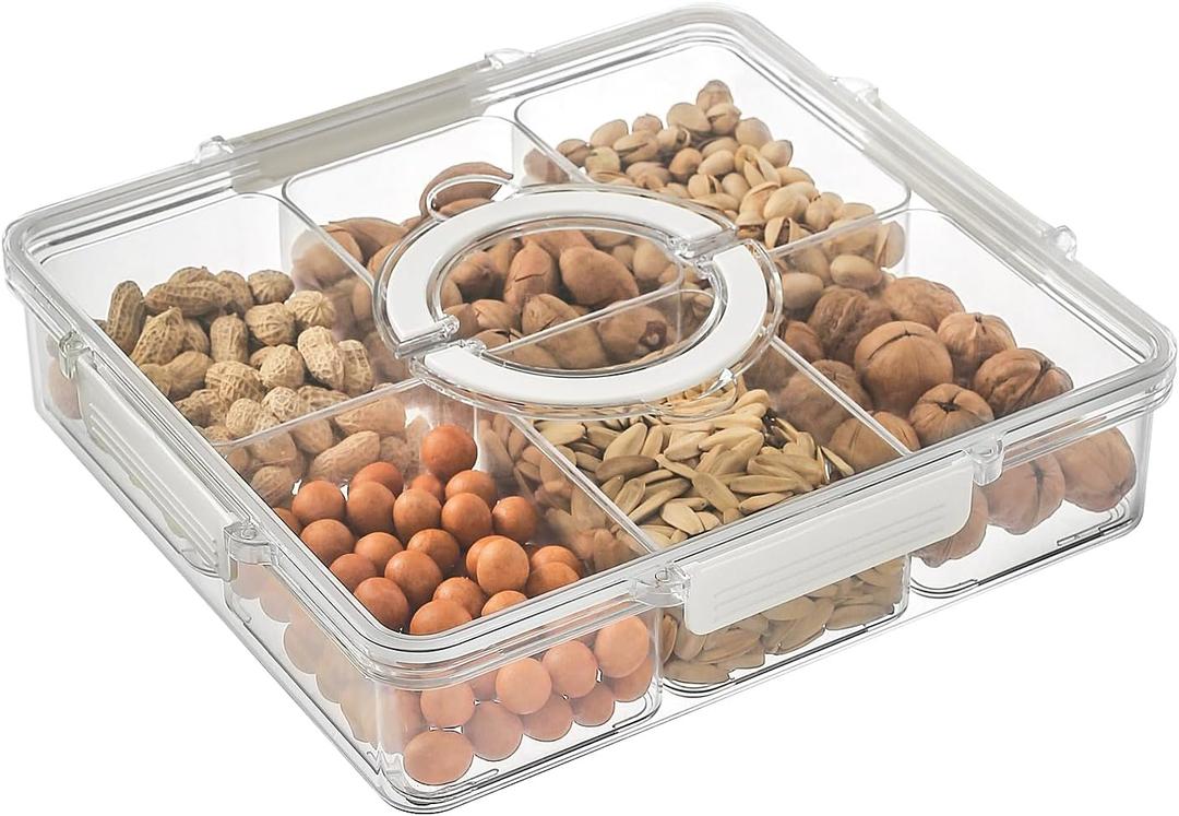 Super Large - Divided Tray with Lid and Handle - Snack Box for Portable Snack Tray - Transparent Storage for Candy, Fruits, Nuts, Snacks - Perfect for Parties and Entertainment