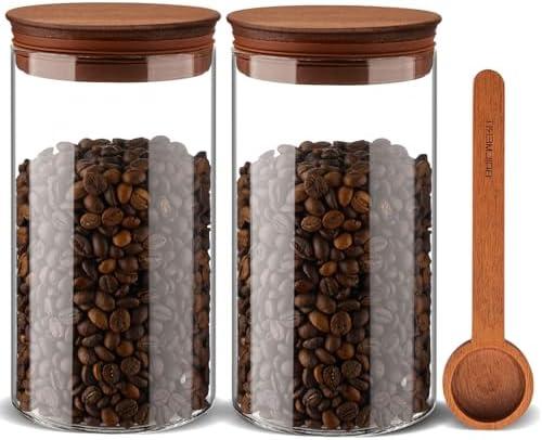 BOILMERIT 37 oz Coffee Canister with Scoop and Wooden Lids, Airtight Storage Container Sets of 2 for Ground Coffee & Beans, Glass Jars for Coffee Bar Organizer, Kitchen Countertop