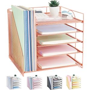 LEKETREE Desk Organizers and Accessories, 5-Tier Paper Letter Tray Organizer with File Holder, Desktop Organizer for Office Supplies (Rose Gold) (12" x 12" x 12")