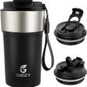 Insulated Coffee Mug, 17oz Stainless Steel Travel Mug with Flip-Top Straw Lid, Leak Proof Vacuum Insulated Tumbler, Reusable Coffee Cup for Hot & Cold Drinks, Black