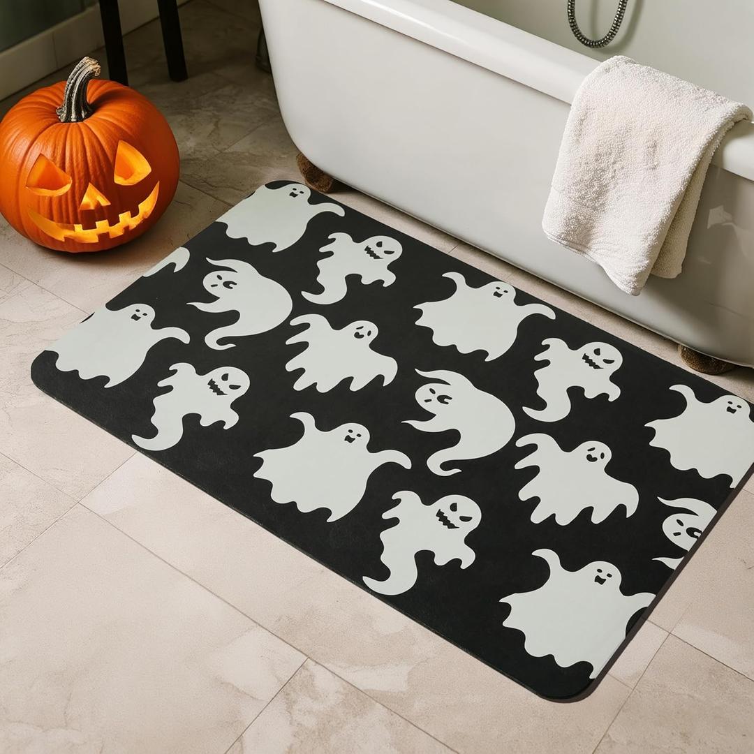 Halloween Bath Mat, Thin Halloween Bathroom Rug Non Slip Quick Dry Ghost Bath Mat Fits Under Door Thin Floor Mat Halloween Decor, 24''x36'', Spooky Ghosts Black