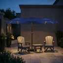 15FT Patio Umbrella with Solar Lights, Double-Sided Extra Large Outdoor Table Umbrella with Base Included, Heavy-Duty 12 Iron Ribs Market Umbrella for Garden, Pool, Backyard, Navy Blue