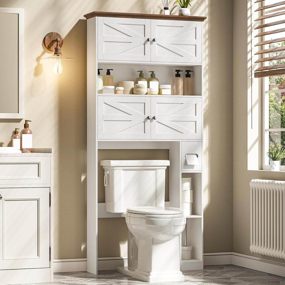 Halitaa Wooden Over The Toilet Storage Cabinet with Barn Door, White, 68.9x30.71x8.58 inches