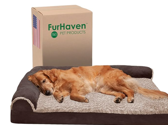 Furhaven Orthopedic Dog Bed for Large Dogs w/ Removable Bolsters & Washable Cover, For Dogs Up to 95 lbs - Two-Tone Plush Faux Fur & Suede L Shaped Chaise - Espresso, Jumbo/XL