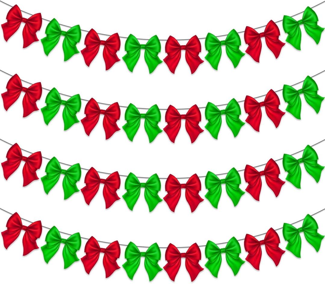 2 x 4 Pcs Red Green Christmas Bow Garland Banner 20ft Pre-Strung Bow Ornaments for Christmas Tree, Wreath, Staircase, Fireplace, Door Wall Hanging Decoration for Xmas Holiday Home Baby Shower Supplies