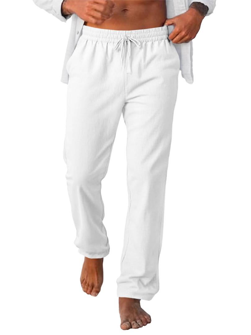 Runcati Mens Casual Pants Drawstring Elastic Waist Lightweight Linen Pants Loose Fit Straight Legs Beach Trousers White (White, XXL)
