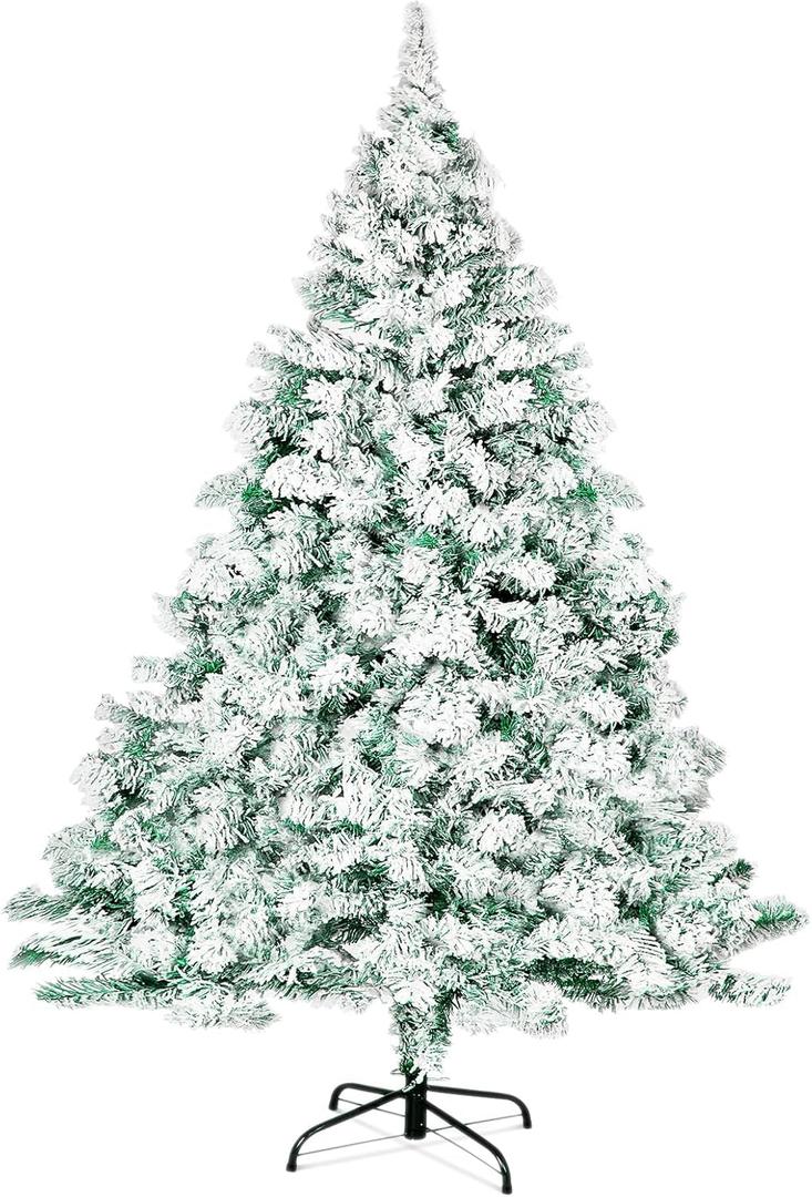 Max4out 6 FT Christmas Tree Snow Flocked Artificial, Full Xmas Tree with 800 Automatically Expanding Branch Tips, Foldable Metal Stand and Hinged Branches, Holiday Decoration for Home, Party, Green