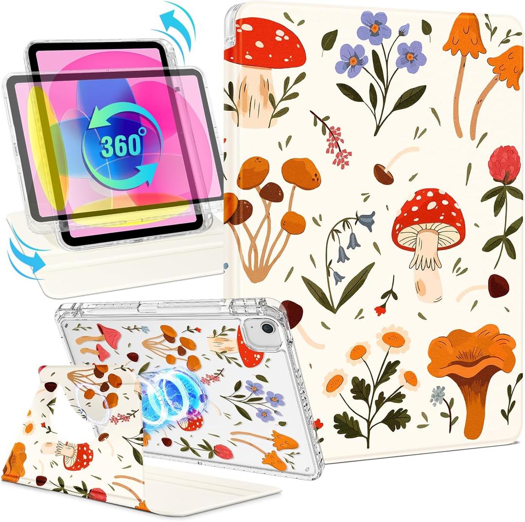 Shorogyt for iPad Air 11 Inch Case M3 2025&M2 2024/Air 5th Generation 2022/Air 4th Gen 2020/Pro 11 Inch Case Magnetic Stand for Women - Cute 360 Degree Rotating Covers Girls Pencil Holder,Mushroom