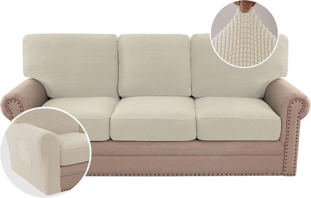H.VERSAILTEX Multi-Pieces Sofa Covers Stretch Couch Covers Form Fitted Seats and Back Cushions Covers (3 Seat Covers Plus 3 Back Cusion Covers, Bonus 2 Armrest Covers), Island Fossi