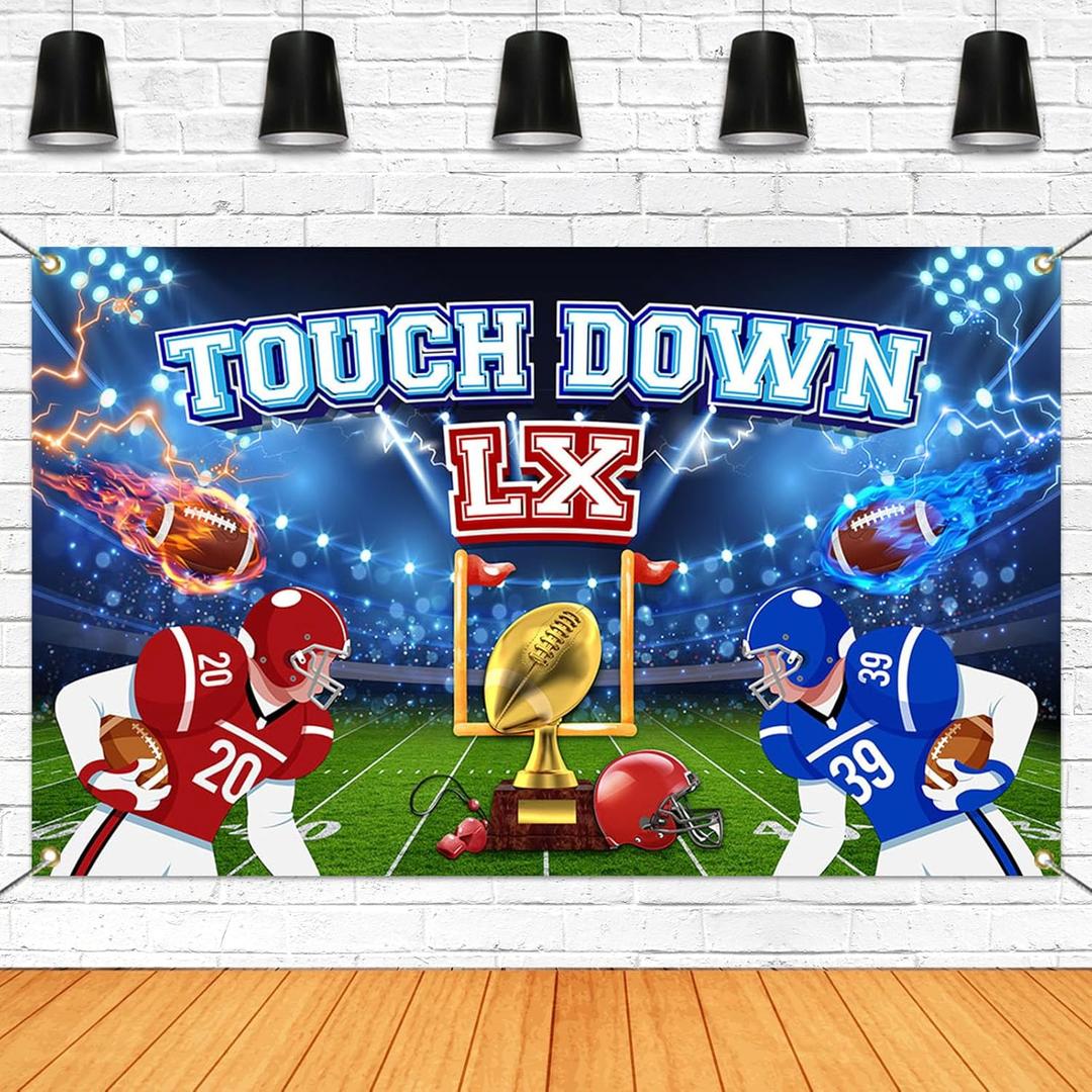 Mocsicka Touch Down Banner 2026 Super Football Birthday Party Decorations 2026 LX Touch Down Happy Birthday Banner for Kids boys Football Birthday Bakcdrop Party Supplies (Blue, 70.8 x 43.3 Inch)
