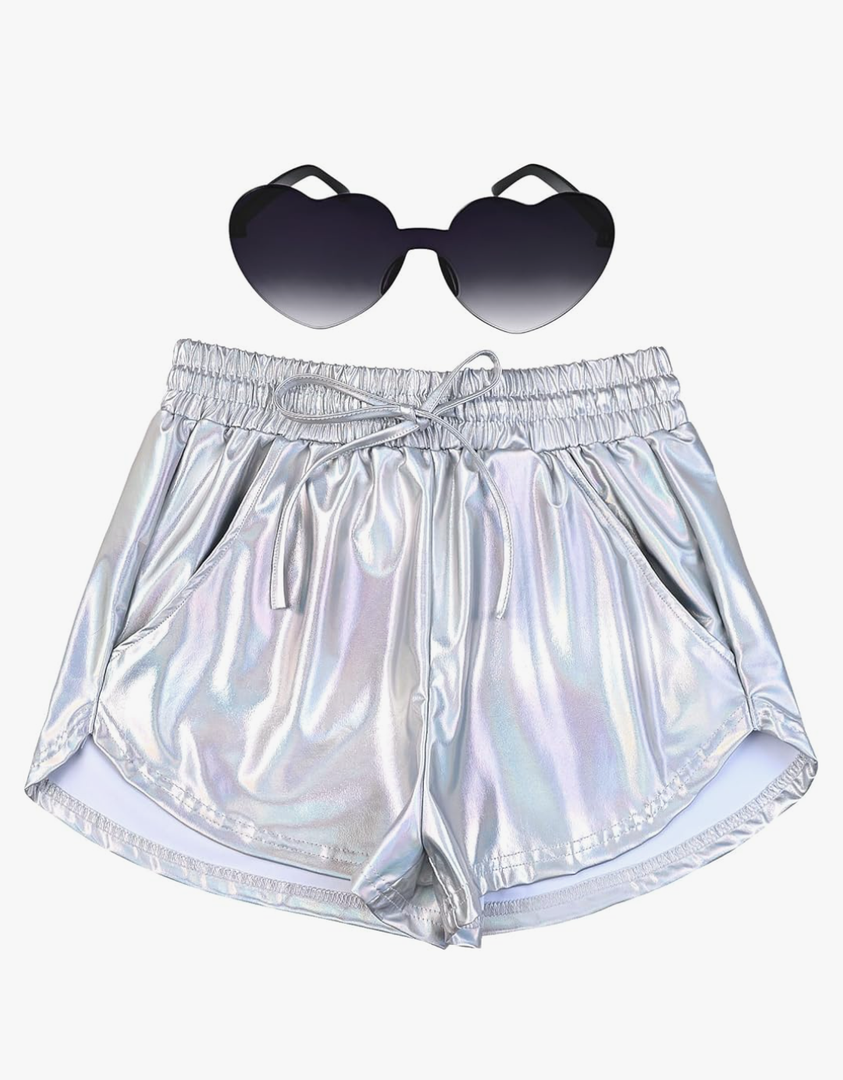 Perfashion Women's Metallic Shorts Summer Sparkly Hot Outfit Shiny Short Pants, Small, Silver