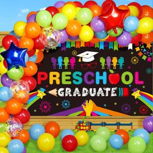 Oudain Kindergarten 2025 Graduation Party Decorations Kit Includes Preschool Graduation Backdrop and Balloon Garland for 2025 Pre Elementary Celebration Decoration Party Supplies(Black)