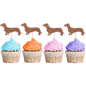 Dachshund Cupcake Toppers, Puppy Pet Cupcake Toppers, Dog Birthday Cupcake Picks, Dachshund Pet Themed Party Decoration - Brown Glitter