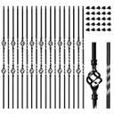 30 Pack Wrought Iron Balusters for Staircase Interior, 1/2" x 44" Hollow Deck Spindles Stair Railing Indoor with 60 Fixed Swivel Shoes, Metal Double Basket Decorative Stair - Matte Black
