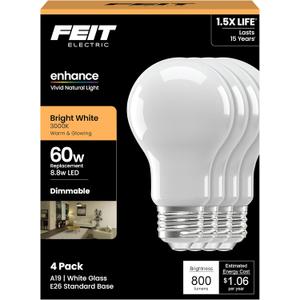 Feit Electric Enhance A19 LED Light Bulbs, 8.8W (60W Equivalent), 3000K Bright White, Dimmable, 90+ CRI, E26 Base, 17,000-Hour Lifetime, Residential or Commercial Bulb, A1960/930CA/FIL/4, 4-Pack