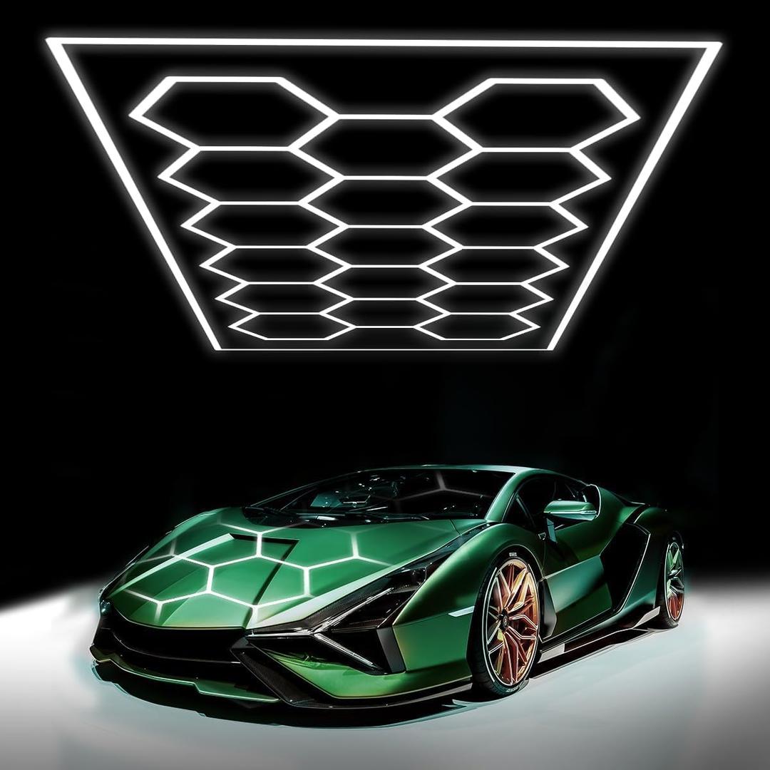 Hexagon Garage Light, 94 Pack Super Bigger Size 5.4x2.4m 800W 6500K 88000LM 17 Hexagon LED Lights with Frame Car Detailing LED Garage Ceiling Lights for Gym Basement Warehouse Detailing Workshop