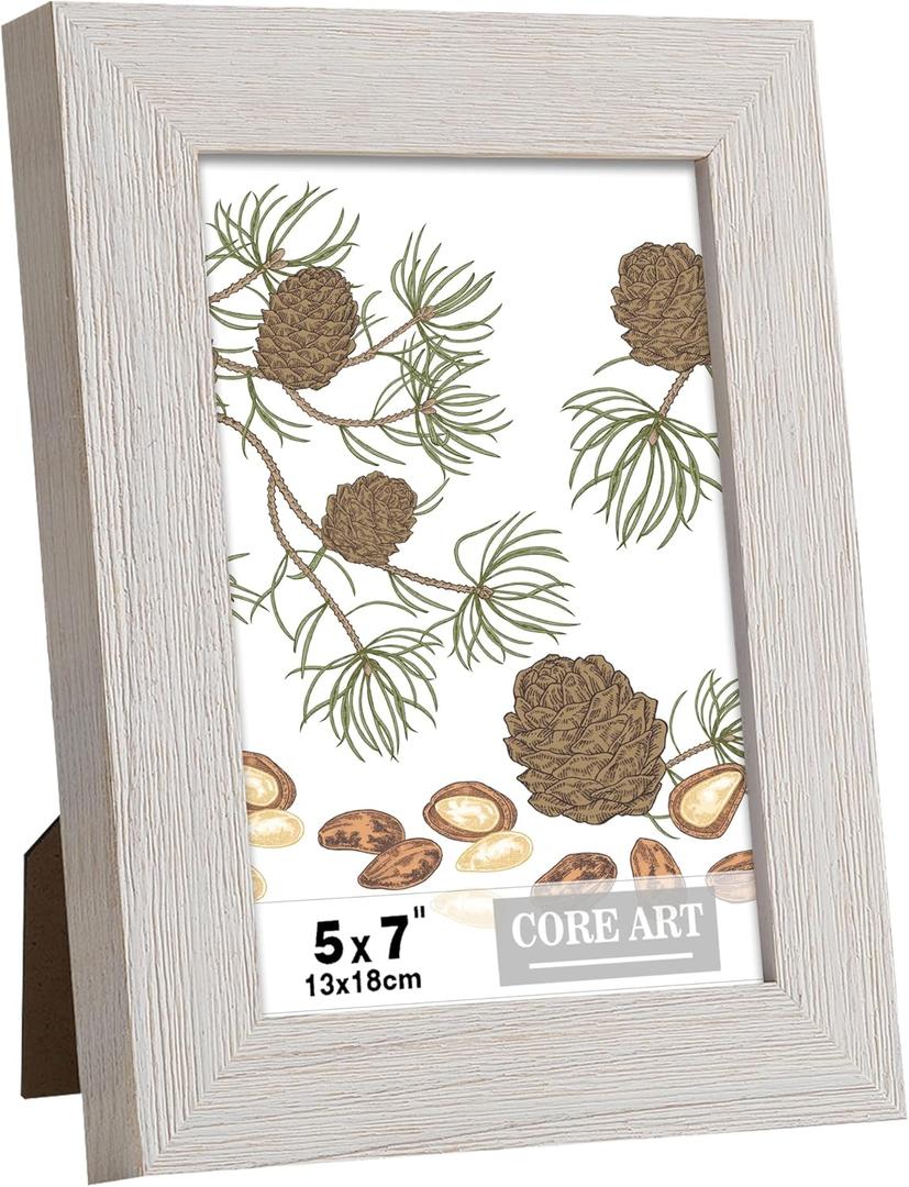 CORE ART 5x7 Picture Frame, Handmade Wood Rustic White Photo Frame, High Definition Semi-tempered Glass Wall or Tabletop Display (5x7 - 1 pack)