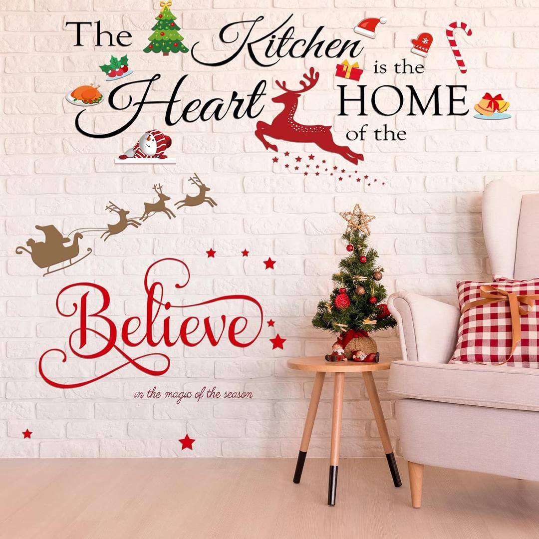 Zonon Christmas Stickers Believe Quotes Wall Decal Kitchen Vinyl Wall Art Decals Reindeer Removable Modern Window Clings Christmas Sticker for Party Supplies Home Window Decor