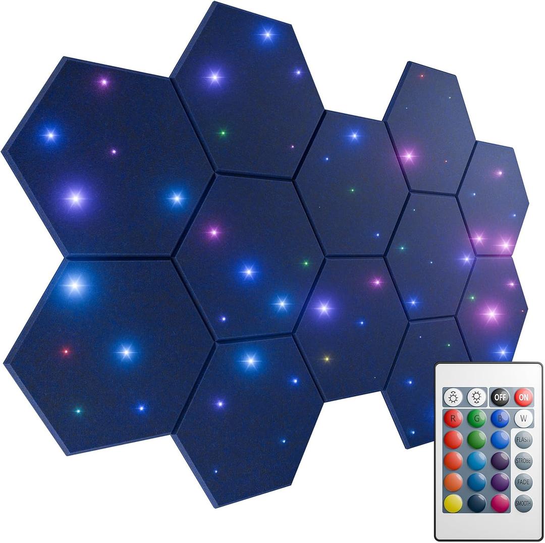 ZenSonic 12 Pack Self-adhesive Sound Proof Foam Panels for Walls 12" X 10" X 0.4" - Hexagon Acoustic Panels with Fiber Optic Starlight, Stylish Soundproof Wall Panels Absorb Noise and Wall Decor Blue