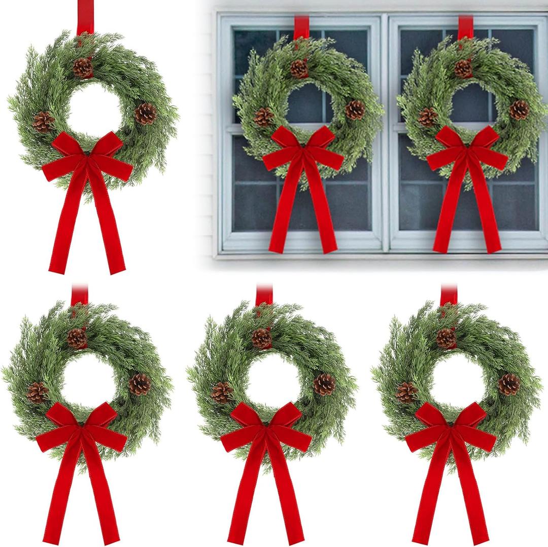 Janinka 4 Pcs Christmas Wreath for Windows 11.8 Inch Christmas Window Decorations Cabinet Wreaths with Red Bow Greenery Artificial Hanging Garlands for Fireplaces Window Home (Cedar)