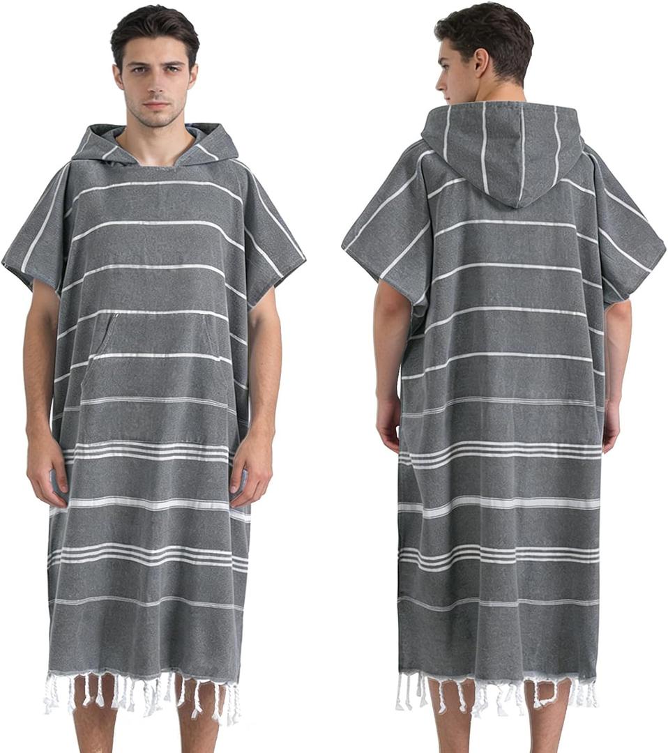 1pcs Cotton Turkish towel Poncho Surf Poncho Changing Towels Wearable Towel Hooded Swim Robe with Pocket Swim Cover Up Beach Towel for Adult Man Women Surf, Beach, Pool and Swim(Grey, L)