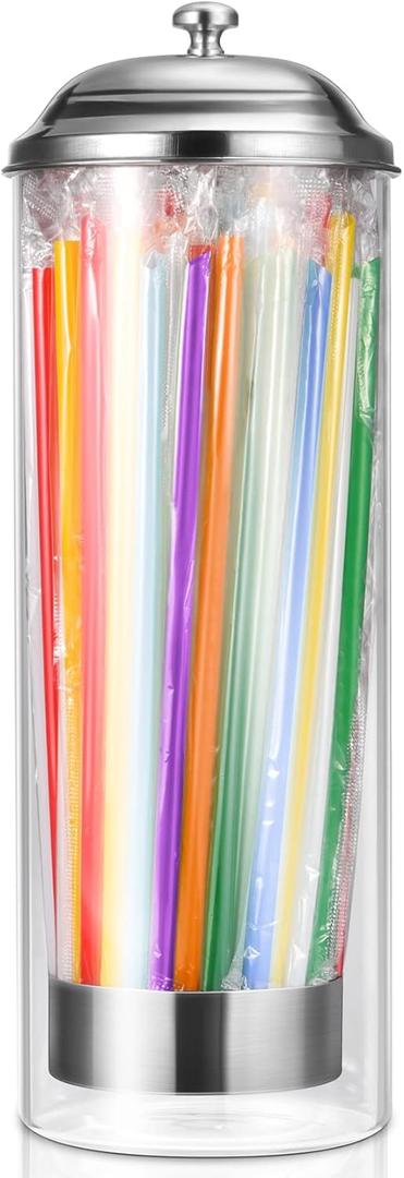 Glass Straw Holder Drinking Straw Dispenser for Counter with 200 Straws & Stainless Steel Lid, Retro Straw Organizer Container for Cafes, Bars, Home