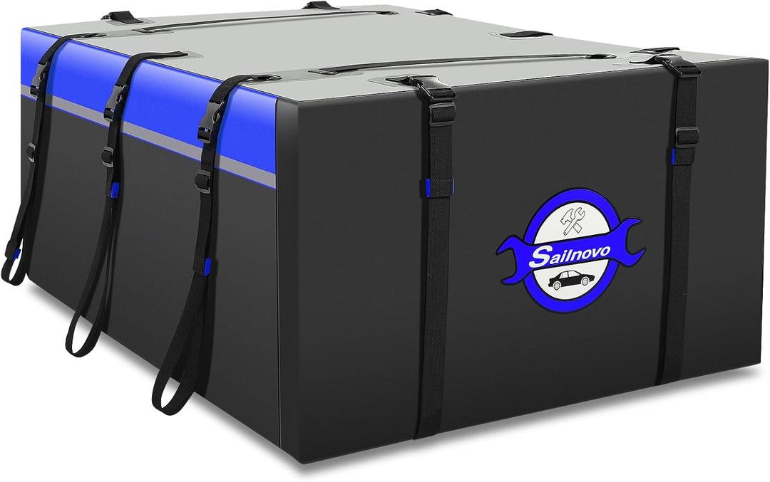Sailnovo Car Roof Box 20 Cubic Feet Foldable Waterproof 1000D PVC Roof Bag Car with 8 Reinforced Straps 6 Door Hooks for Travel and Luggage Transport, for Most Vehicles with/without Roof Rack (Blue)