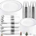 WELLIFE 350Pcs Silver Plastic Plates for 50 Guests - Disposable Dinnerware Set, Christmas Party Supplies Includes 100 Silver plates,150 Silverware,50 Napkins,50 Cups, Christmas Plates Disposable