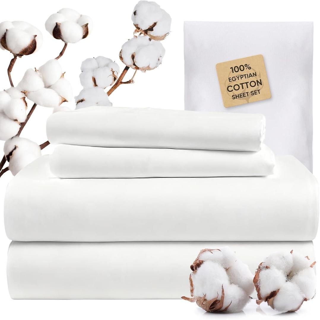 TWK 1200 Thread Count 100% Egyptian Cotton Sheets Bed Set,Thickness,Long-Lasting Durability,Resists Pilling,Deep Pocket Up to 18",with a Laundry Bag (White, King)