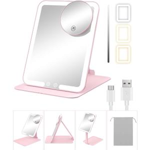 Gospire Travel Makeup Mirror with Lights and Magnification 10X, Portable Make Up Compact Tabletop Mirror with Adjustable Stand, 3 Colored Lights Rechargeable Lighted LED Vanity Mirror - Pink