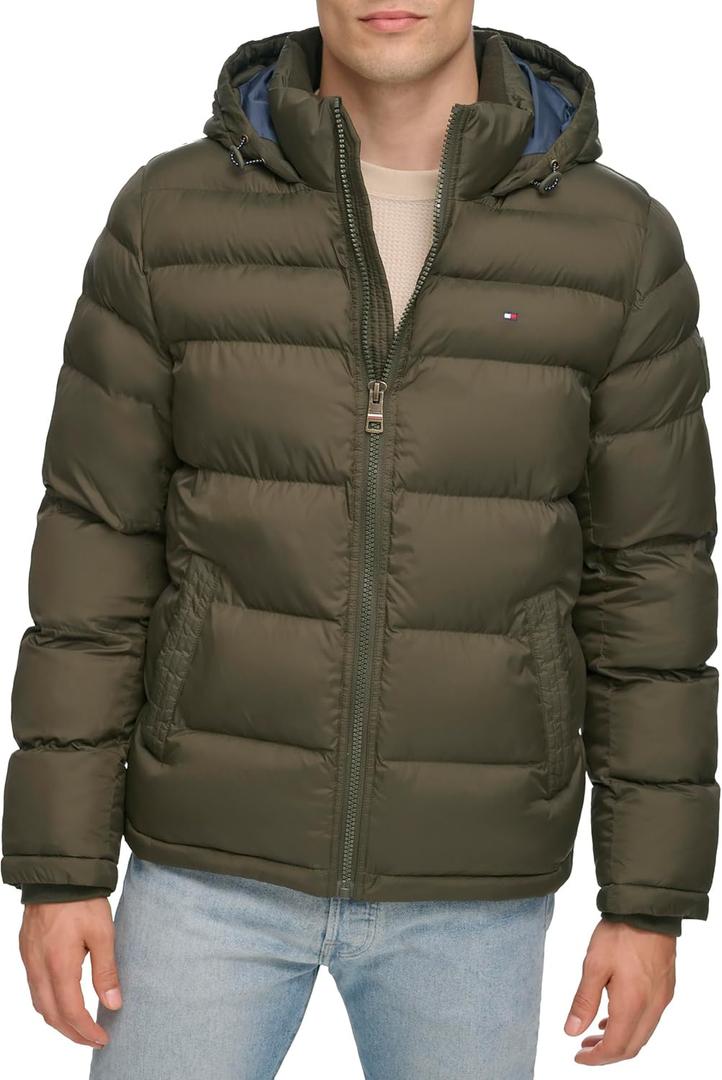 Tommy Hilfiger Men's Down Alternative Hooded Puffer Jacket, Size Small (Olive)
