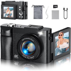 4K Digital Camera for Photography, 50MP Vlogging Camera for YouTube, Compact Cameras with 2.8" 180 Flip Screen, 16X Digital Zoom, Point and Shoot Camera with 32GB SD for Beginners, Travel, Family (Black)