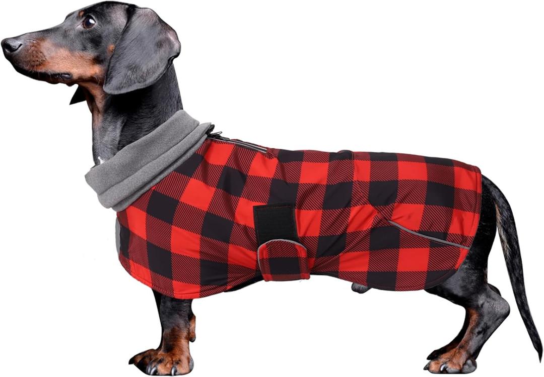 Dachshund Coats Waterproof Suitable for Dachshunds Sausage Weiner Dog Winter Coat Padded Fleece Puppy Snowsuit with Adjustable Bands Reflective Stripe - Plaid Red - Large