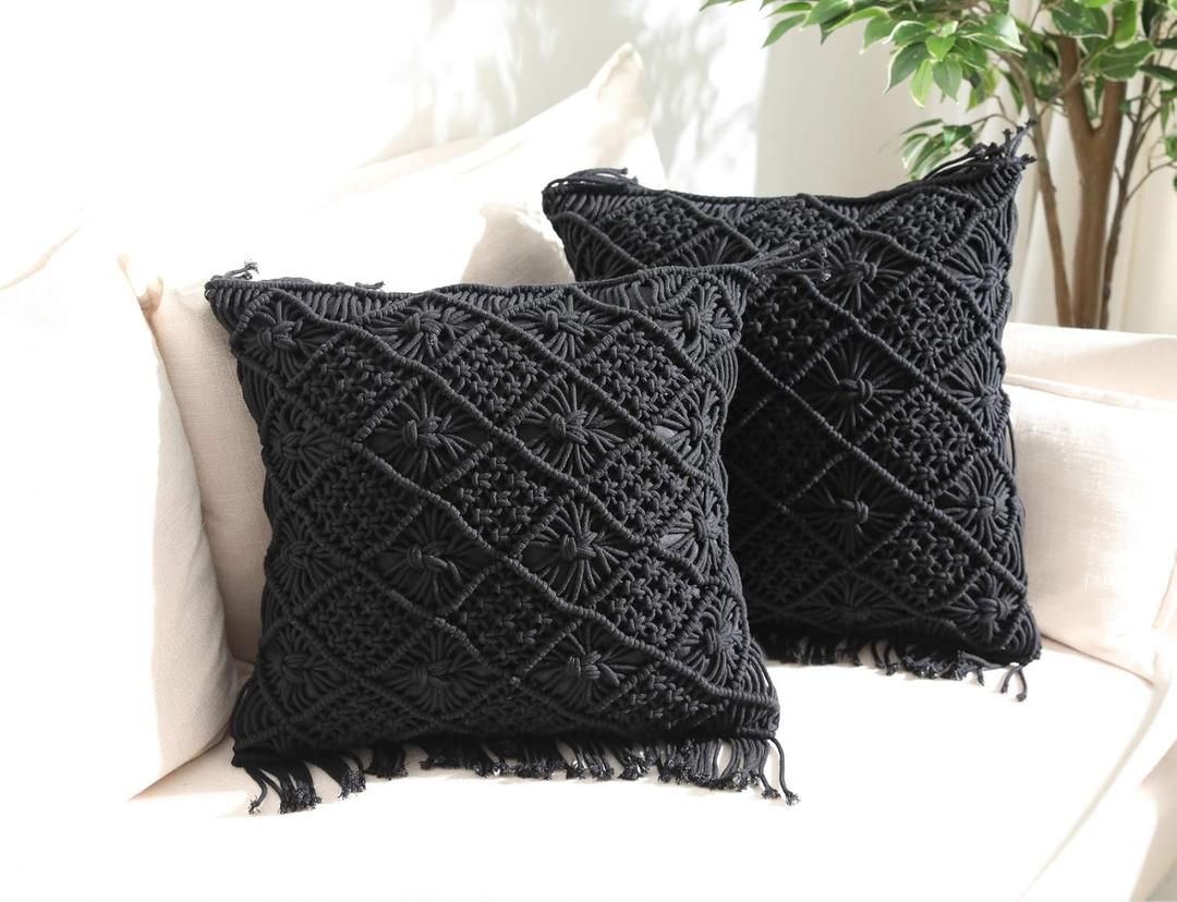 Throw Pillow Cases, Decorative Cushion Cover, Boho Woven Pillowcase for Home Party Office and Outdoor Decoration, Soft Woven Pillow Case with Tassels, Set of 2 Macrame Cushion Case (17"x17", Black)