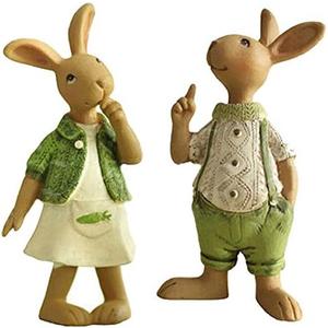 Set of 2 Vintage Rustic Country Bunnies Figurine Ornament Decorative Easter Decor Resin Bunnies Rabbit Egg Figurine Rabbit Statue (Standup Bunnies)