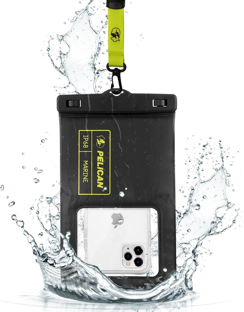 Pelican Marine - IP68 Waterproof Phone Pouch (XL Size) Floating Waterproof Phone Case - Beach Cruise Ship Travel Essentials - Works with All Phones - Detachable Lanyard - Black/Hi-Vis Yellow (Black/Neon - 1 Pack - XL)