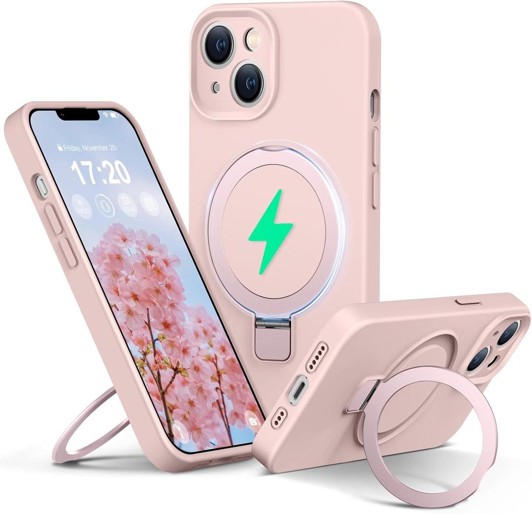 Liquid Silicone Case for iPhone 14 with Magnetic Ring Stand, Upgraded Camera Lens Protection, Mil-Grade Drop Shockproof, Anti-Scratch Microfiber Lining Silicone Case (Pink)