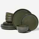 Pokini Santorini Mist Terracotta Reactive Glaze Plates and Bowls Sets, Stoneware Dinnerware Sets, Microwave and Dishwasher Safe Ceramic Dish Set Service for 4, Blackish Green