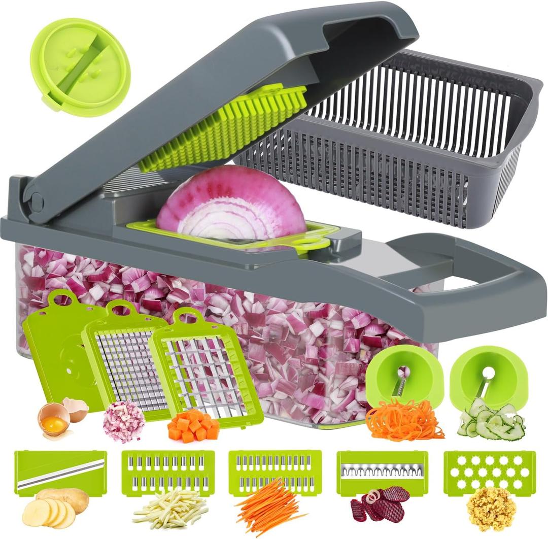Ourokhome Vegetable Chopper Onion Cutter, 14 in 1 Professional Mandolin Slicer for Kitchen, Multifunctional Food Chopper for Potato, Tomato, Veggie with Strainer Basket, 10 Blades, Gray (Gery)