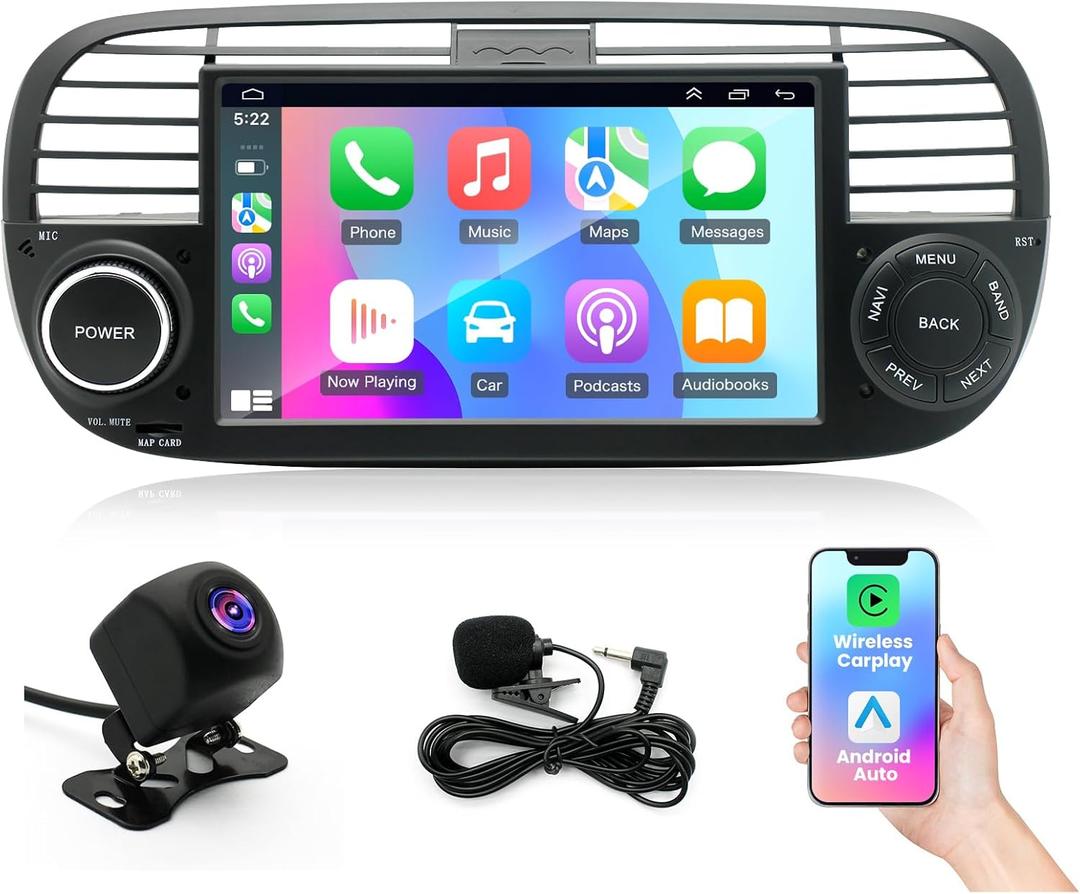Android 14 Car Stereo Radio for Fiat 500 2007-2015 4+64G Radio with Wireless CarPlay/Android Auto, 7" IPS HD Touch Screen Radio with WiFi/GPS/Bluetooth/Mirror Link/FM/USB/SWC/Backup Camera/Mic