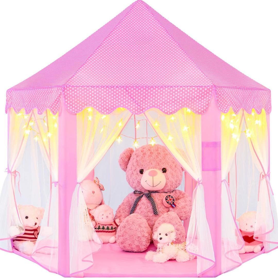 EVOIONOS Princess Tent for Girls, Kids Play Tent with LED Star Lights, Castle Playhouse for Children Indoor Outdoor Games, 55X53 inches, Pink