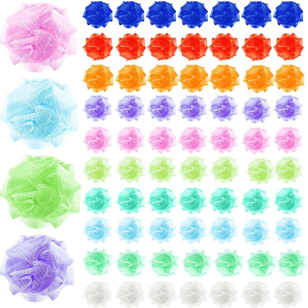 72 Pack Bath Loofah Bulk Travel Size Loofah Mini Sponge Mesh Shower Ball Body Scrubber Exfoliator Shower Bath Pouf Assorted Colors for Kids Women Men Wash Bathroom