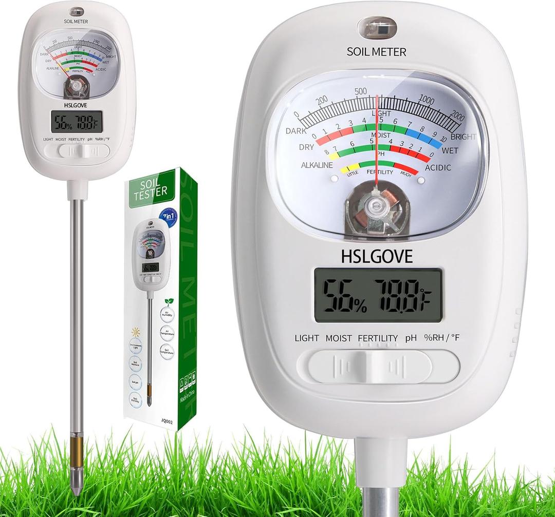 HSLGOVE Soil Test Kit, 7-in-One Soil Moisture Meter/Soil PH Meter/Fertility, Dual Screen Soil Tester w/Digital Soil Temp/Air Temp&Humidity for Plants Gardening,Lawn,Farm Indoor&Outdoor-Lvory White