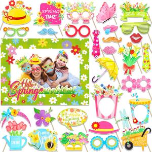 HOWAF Hello Spring Photo Booth Props, 30pcs Colorful Spring Photo Props with Spring Flower Photo Frame for Spring Easter Party Decorations Spring Butterfly Selfie Props