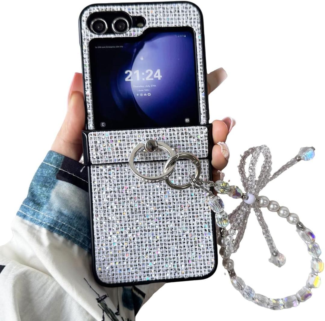 for Samsung Galaxy Z Flip 6 Sparkle Woman Strap Case with Ring Stand, Girls Wristband Case for Galaxy Z Flip 6 Glitter Hinge Protector, Crystal Bow Lanyard Cover for Samsung, White
