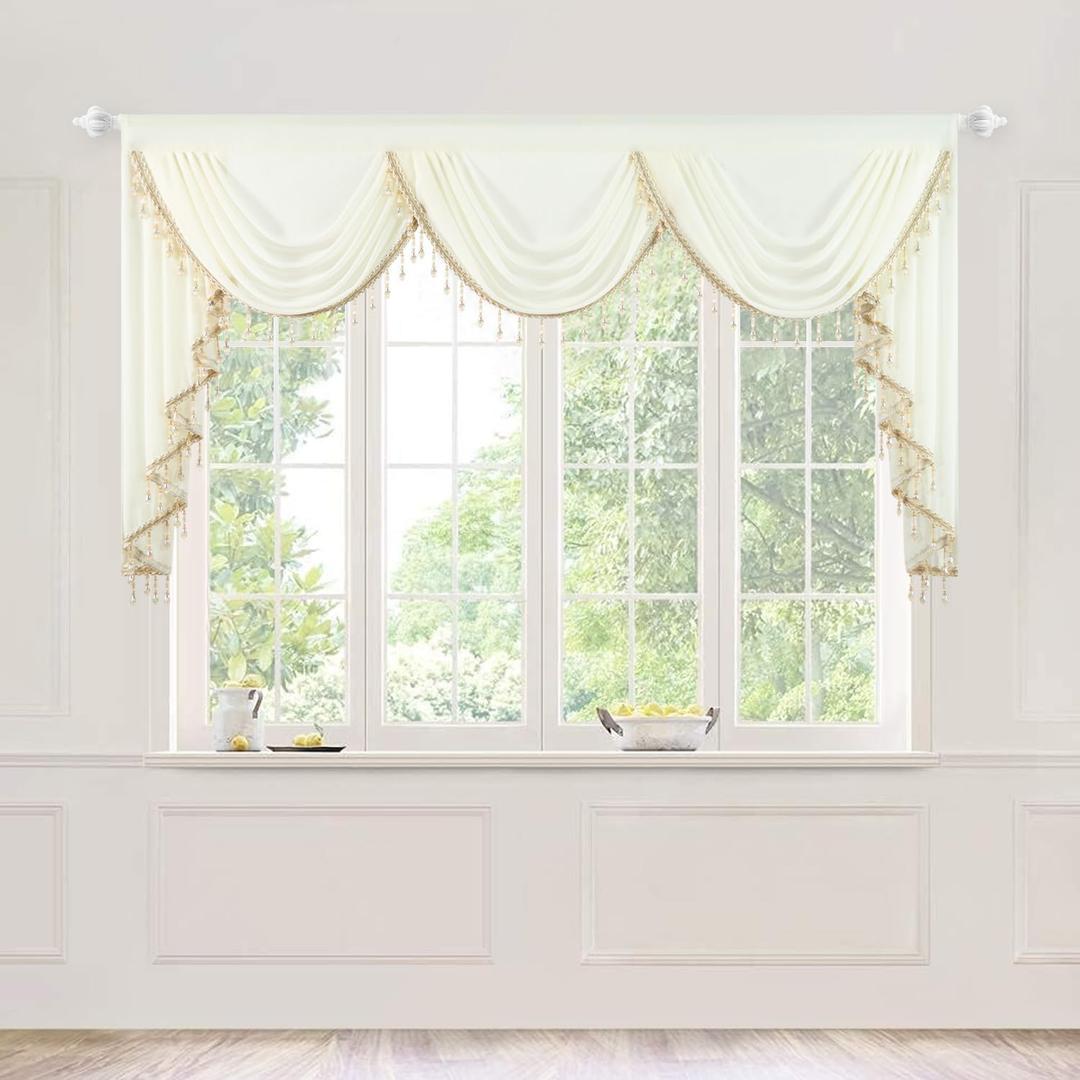 VOGOL Beige Retro Waterfall Valance, Vintage Light Reducing Silky Curtain for Cafe Wedding Home Decor, 79 Inch Wide Soft Touch Swag Valances with Tassels, 1 Panel, Top Rod Pocket