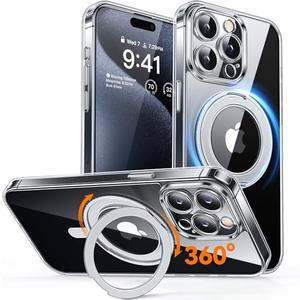 CANSHN 360° Spin Magnetic Stand for iPhone 15 Pro Max Case [Full Camera Protection] [Compatible with Magsafe] Non-Yellowing Shockproof Protective Kickstand Phone Cover 6.7" - Clear