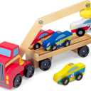 Melissa & Doug Magnetic Car Loader Wooden Toy Set with 4 Cars and 1 Semi-Trailer Truck Crane Wooden Toy, Vehicle Toys for Kids Ages 3+